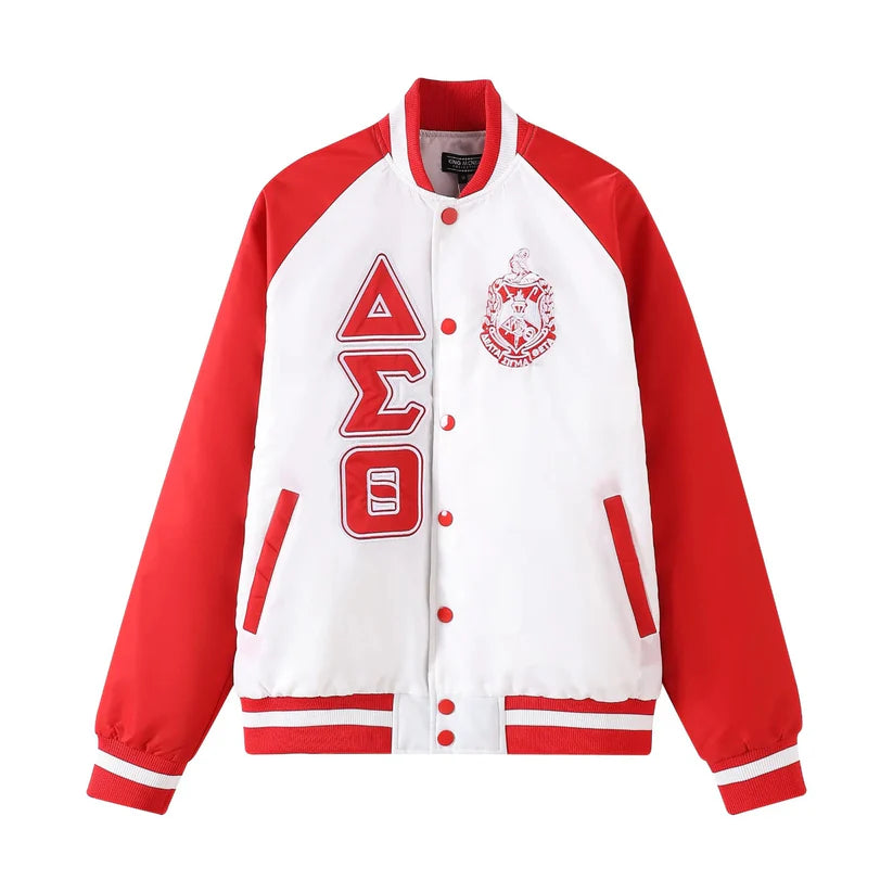 Red and white varsity jacket with Greek letter design on a white background
