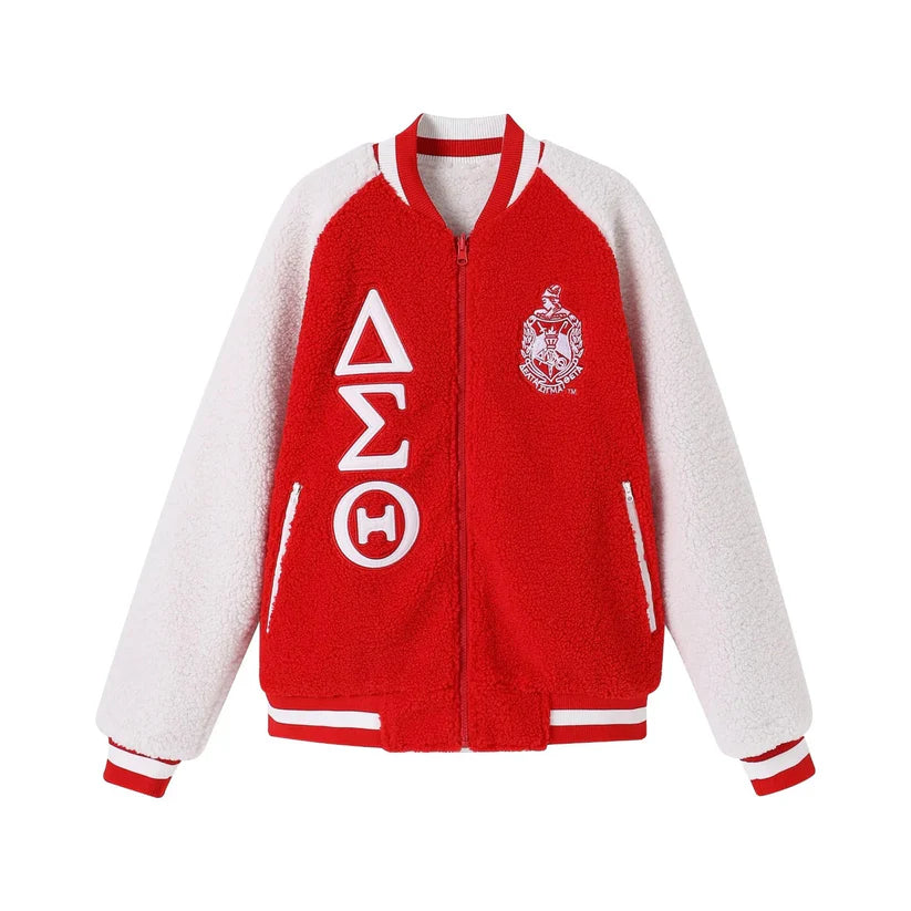 Red and white varsity jacket with a logo on a white background