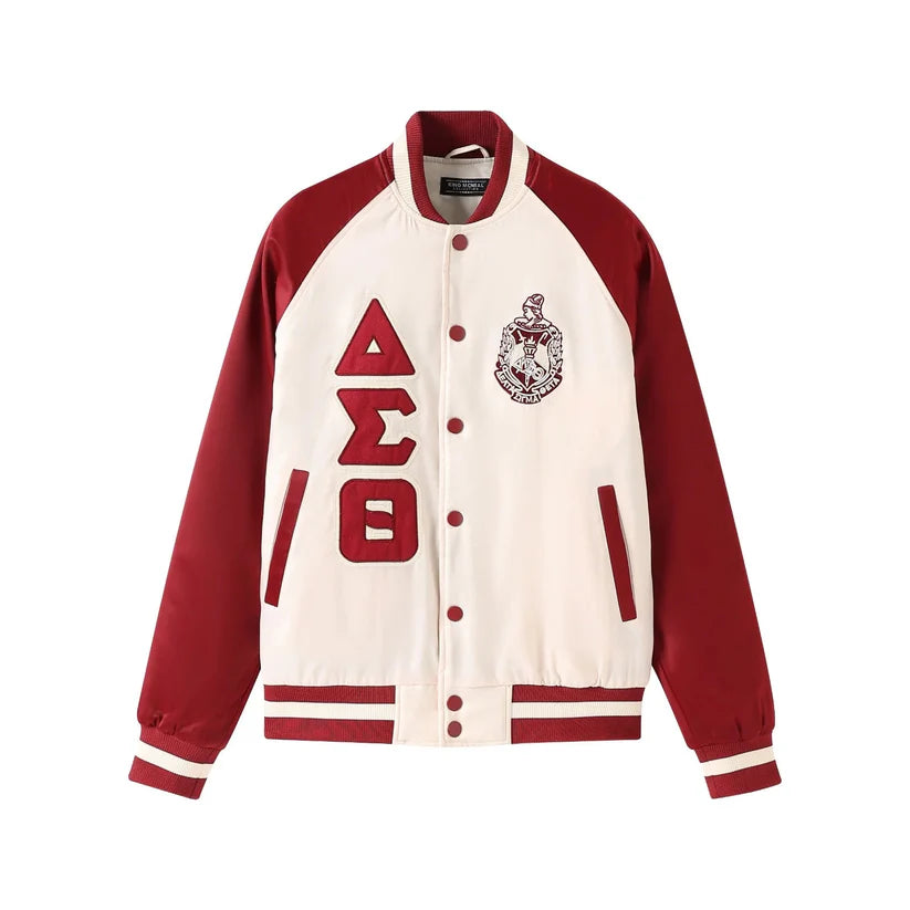 Delta Sigma Theta Greek Apparel – Cream Satin Bomber Jacket with Embroidered DST Logos