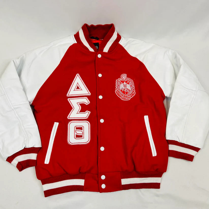 Delta Sigma Theta Letterman Jacket – Red Cashmere Wool Body with White Leather Sleeves and Custom Satin Lining
