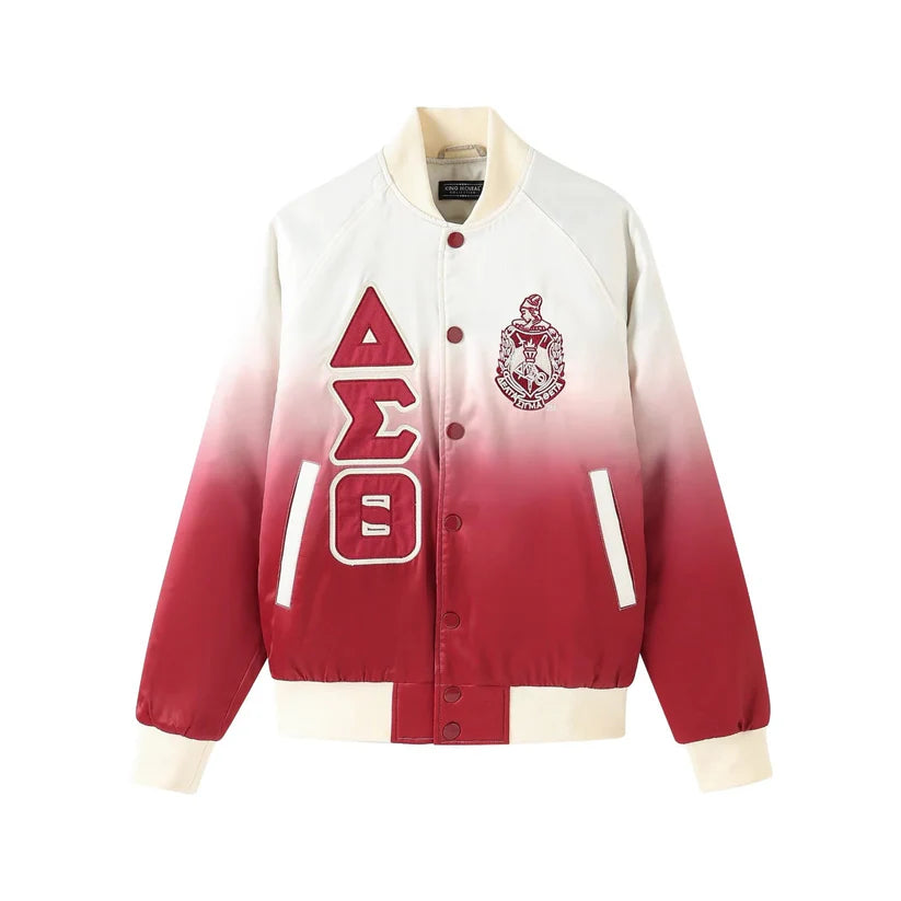 Delta Sigma Theta Greek Apparel – Cream Ombre Satin Bomber Jacket with Quilted Lining and Custom Detailing