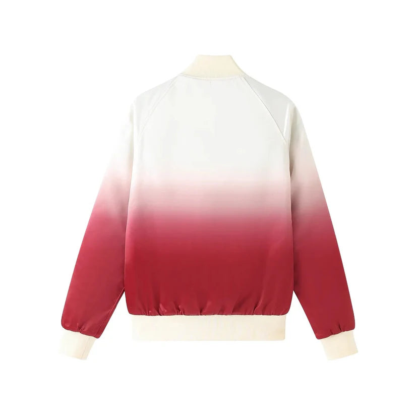 Sweatshirt with a gradient design transitioning from white to red on a mannequin against a white background.