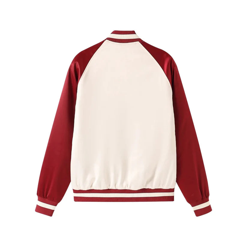 Red and white varsity jacket on a white background