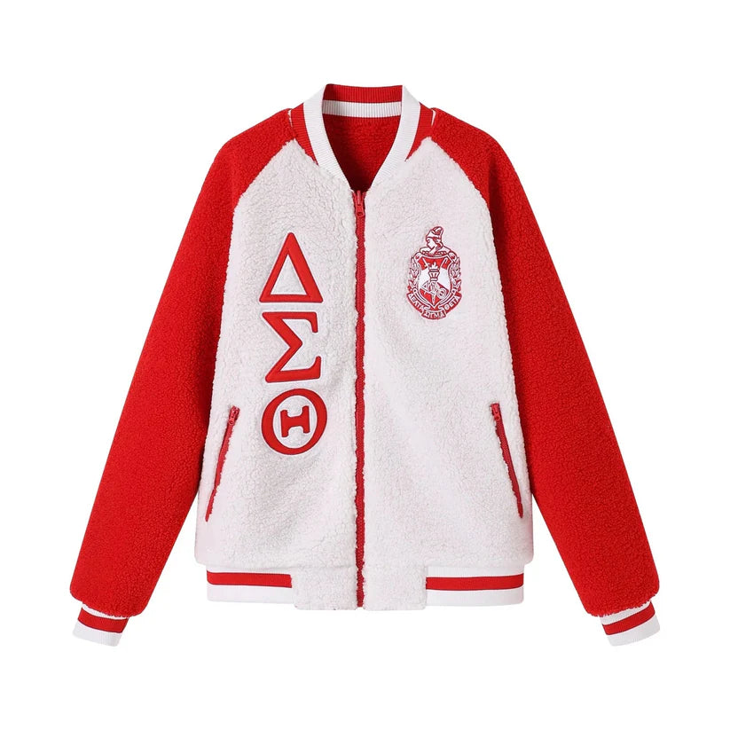 Red and white varsity jacket with symbols on a white background
