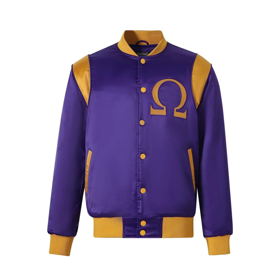 Omega Psi Phi Bomber Jacket – Purple & Gold Satin with Embroidered Logos