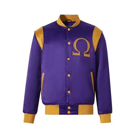 Omega Psi Phi Bomber Jacket – Purple & Gold Satin with Embroidered Logos