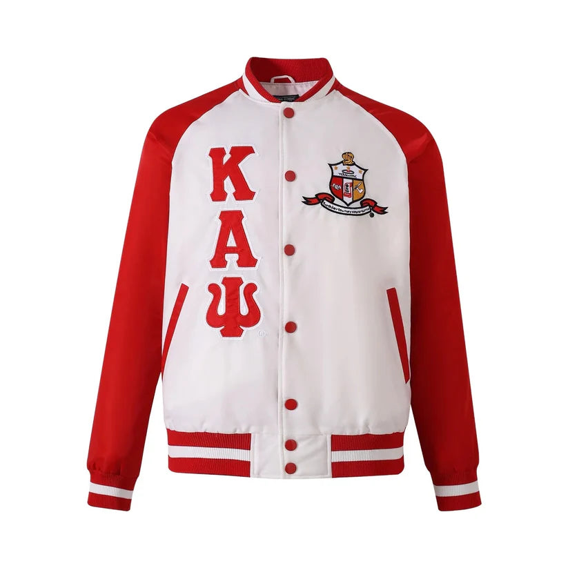 Red and cream Kappa Alpha Psi bomber jacket for fraternity wear