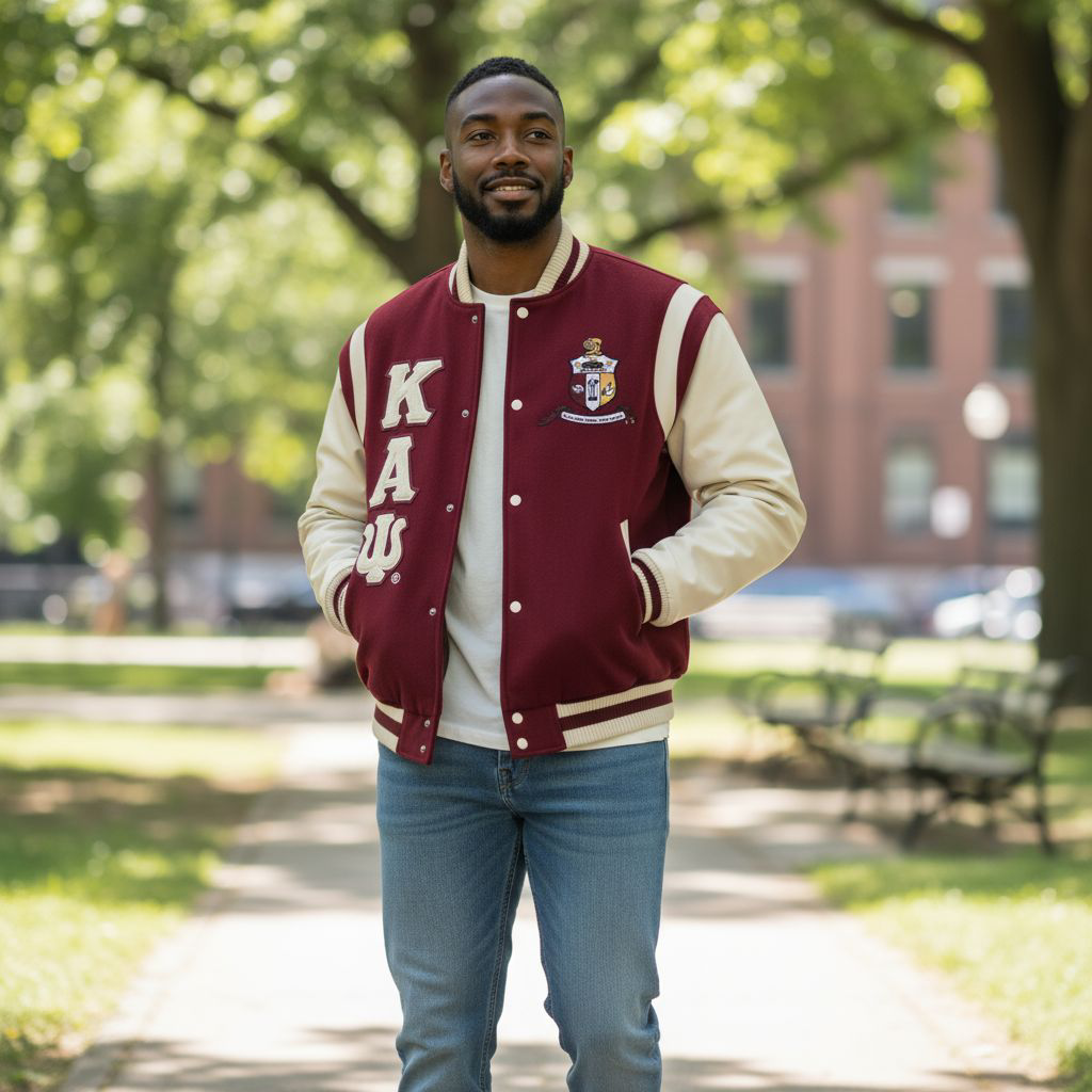 Model wearing classic Kappa Alpha Psi wool letterman jacket
