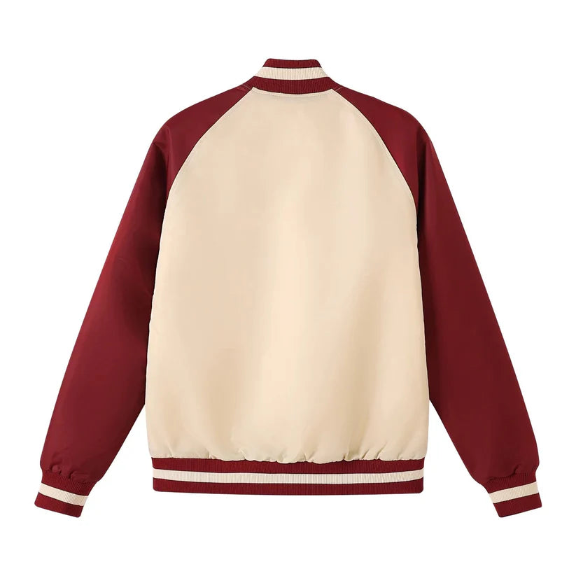 Back view of Kappa Alpha Psi bomber jacket with embroidered Greek letters