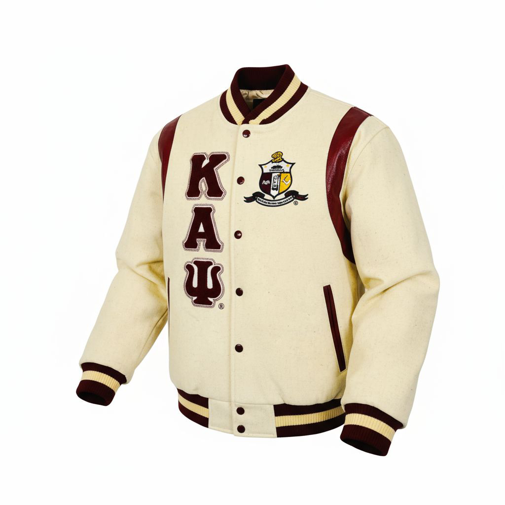 Kappa Alpha Psi Krimson & Kream wool letterman jacket with embroidered logos