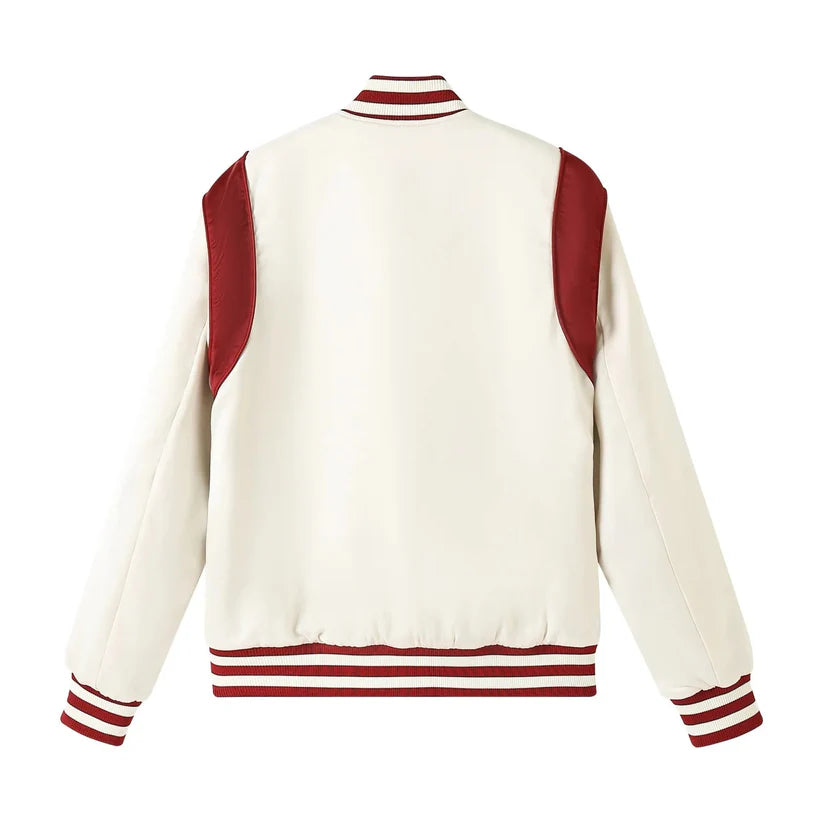 White varsity jacket with red accents on a white background