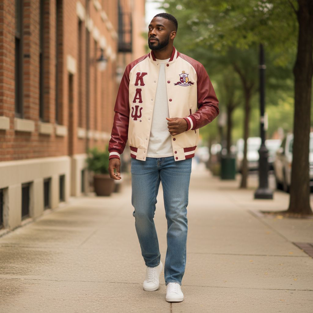 Kappa Alpha Psi Krimson & Kream bomber jacket with embroidered logos