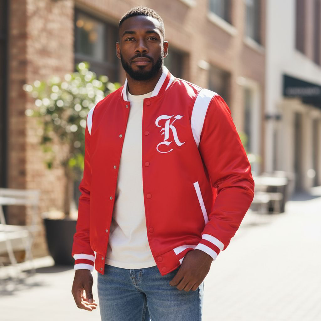 Model wearing Kappa Alpha Psi bomber jacket 