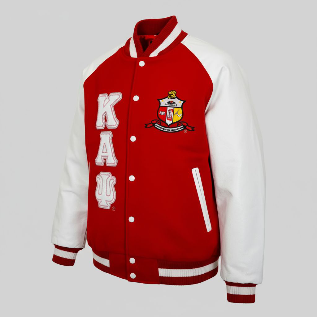 Kappa Alpha Psi red wool and white leather letterman jacket with embroidered logos