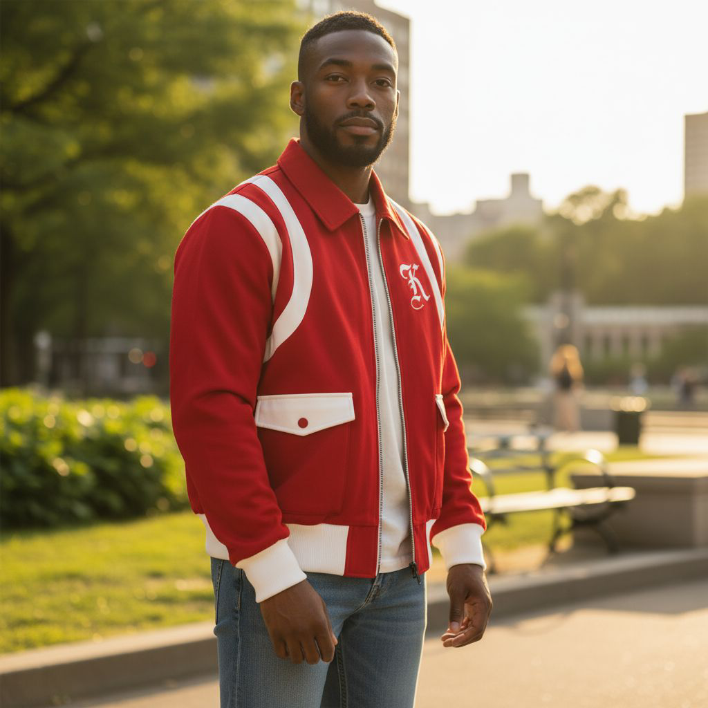 Man wearing a red and white jacket in an outdoor setting
