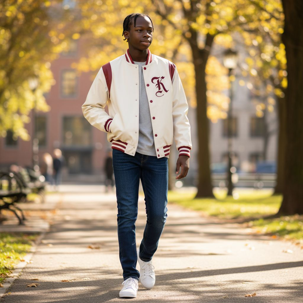 Front view of Kappa Alpha Psi cream bomber jacket with embroidered fraternity logo