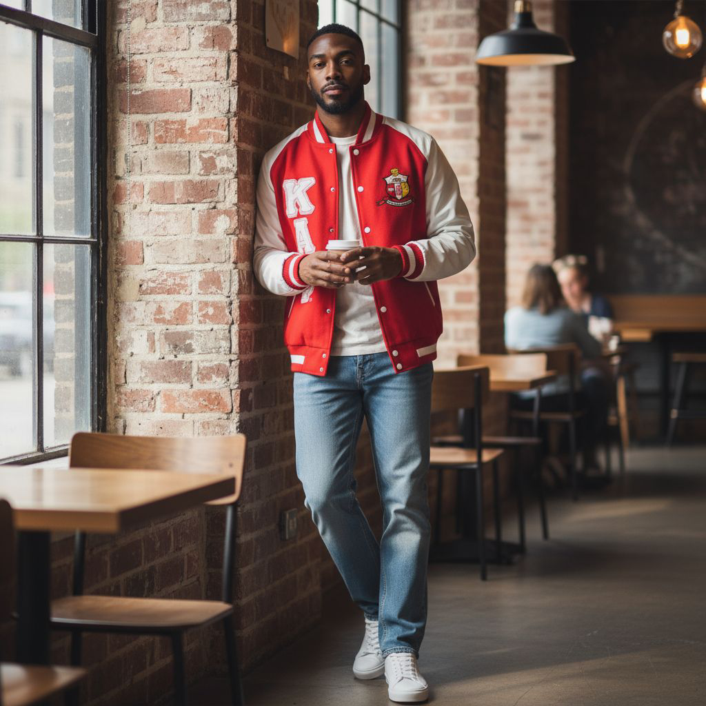 Model wearing Kappa Alpha Psi varsity jacket with ribbed collar and cuffs