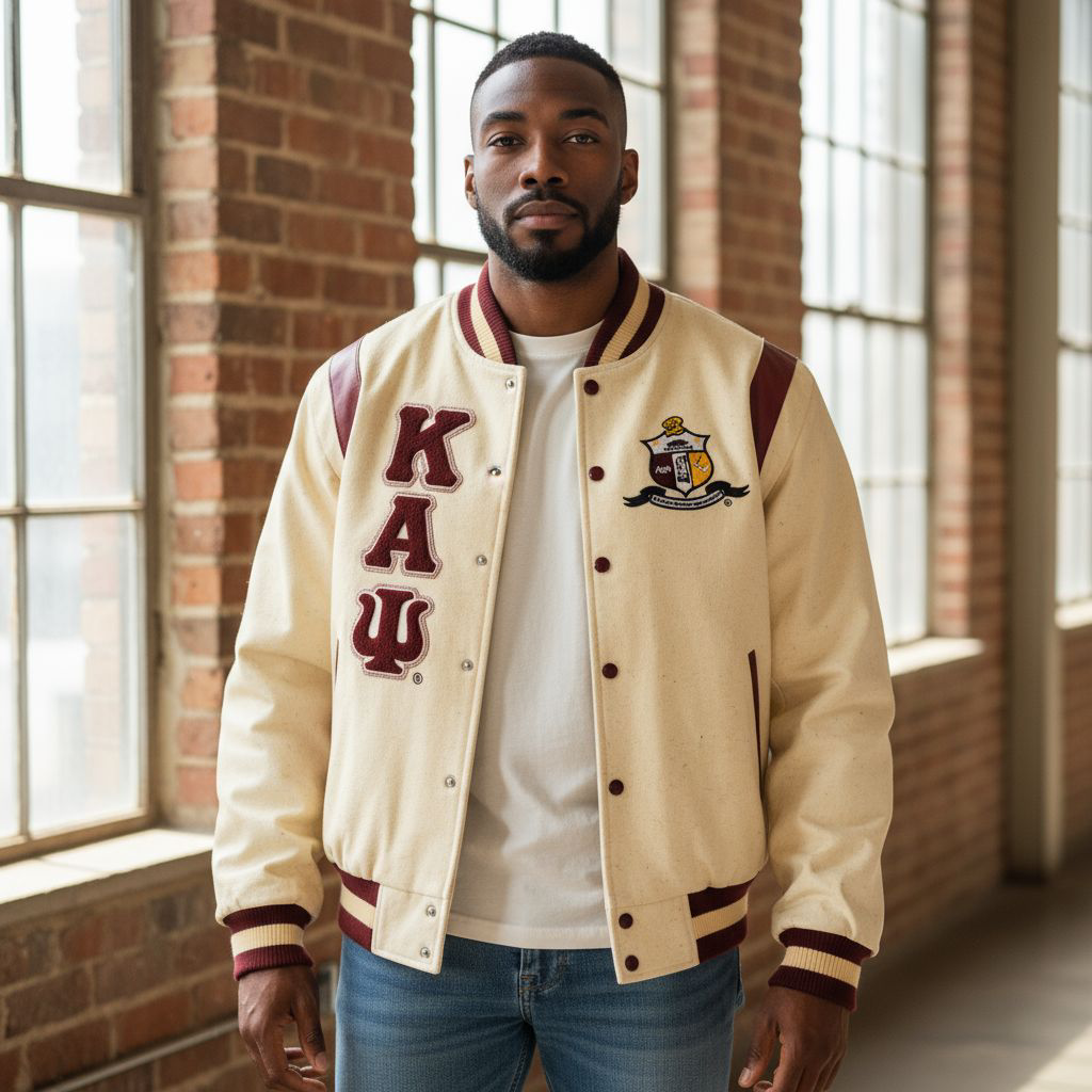 Man wearing a beige letterman jacket with 'Kappa Alpha Psi' letters and a crest, standing in a sunlit room with brick walls.