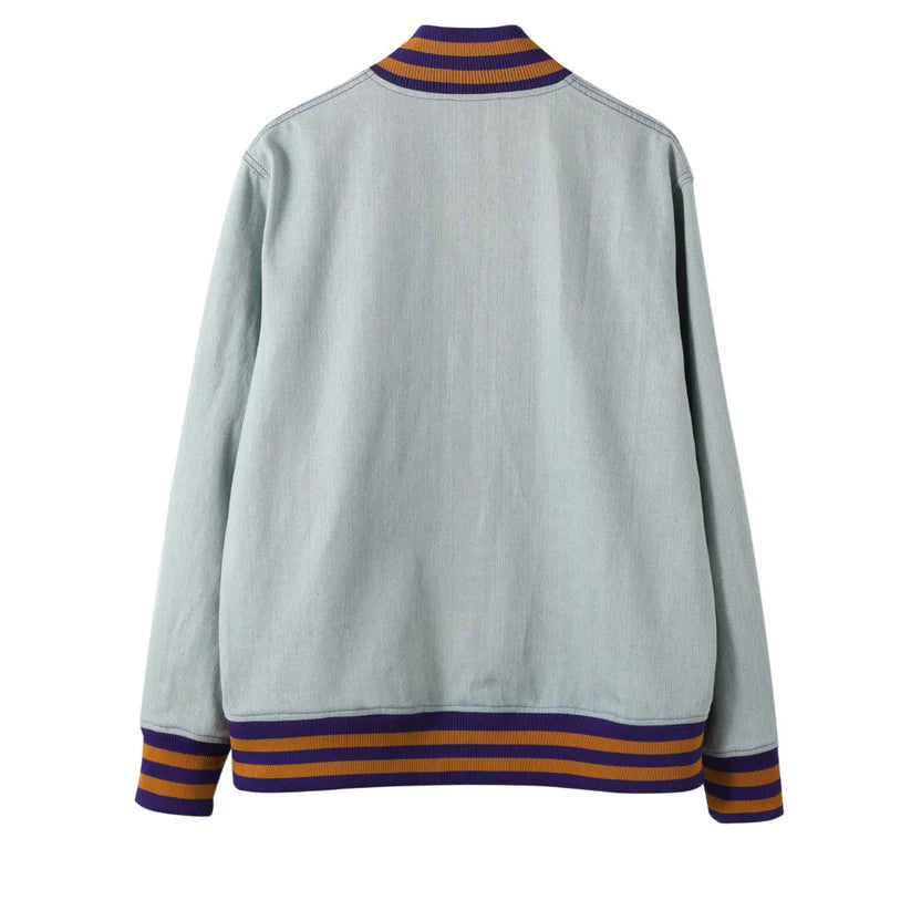 Omega light denim jean jacket with chenille embroidery — fashionable unisex casual denim jacket