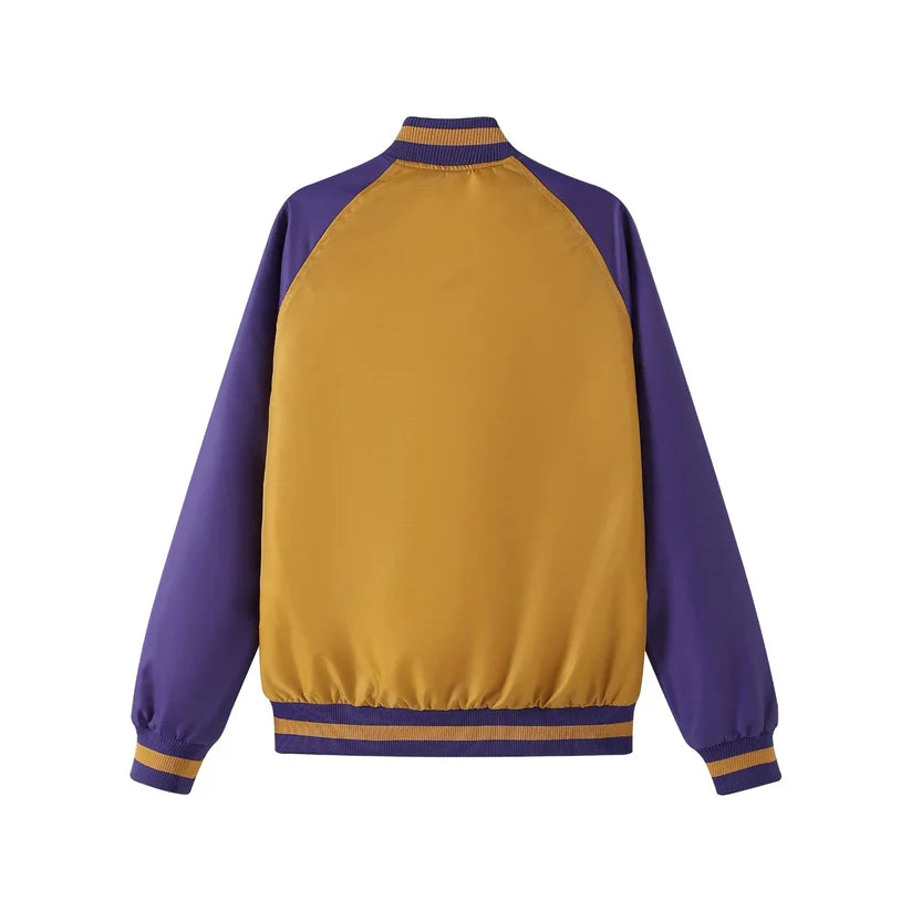 Black Omega Bomber Jacket with embroidered applique logos and soft interior lining — modern unisex streetwear.