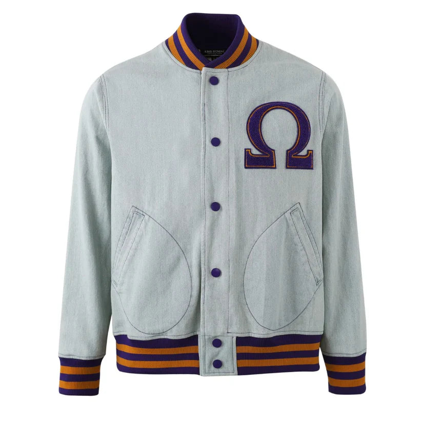 Omega embroidered denim jacket featuring purple stitching and chenille patch logos — trendy unisex light denim jacket