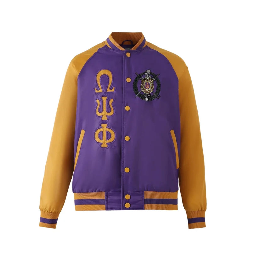 “Front view of Omega Bomber Jacket in lightweight nylon with embroidered applique logos — sleek modern streetwear style.”