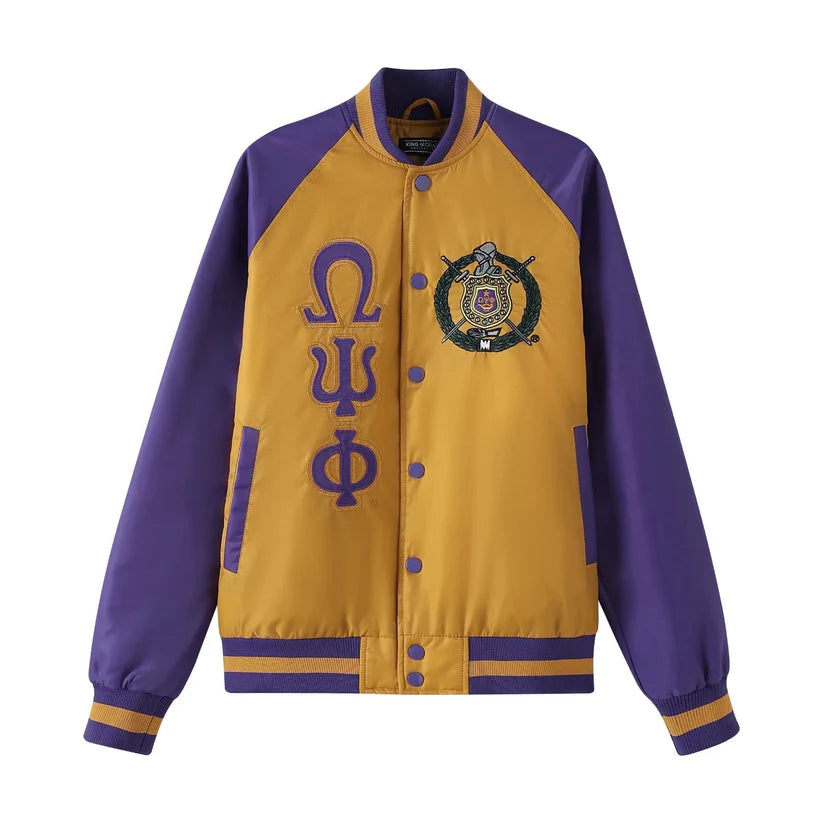 Omega lightweight bomber jacket featuring custom interior lining and stitched applique logo design.