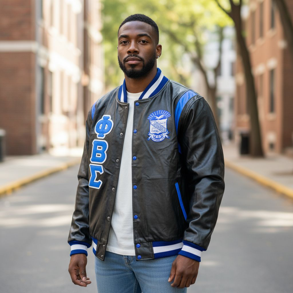 Full-length image of a person wearing the Sigma All Leather Letterman Jacket. The jacket features a classic varsity design crafted entirely from durable, black premium leather, with a snug, comfortable unisex fit and a luxurious interior lining.