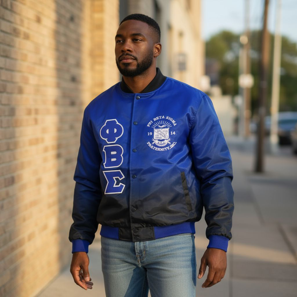 Full-length view of a model wearing the Black Faded Phi Beta Sigma Bomber Jacket. The jacket has a luxurious satin exterior with a royal blue gradient design that fades into black, a classic bomber cut, and a warm quilted interior.
