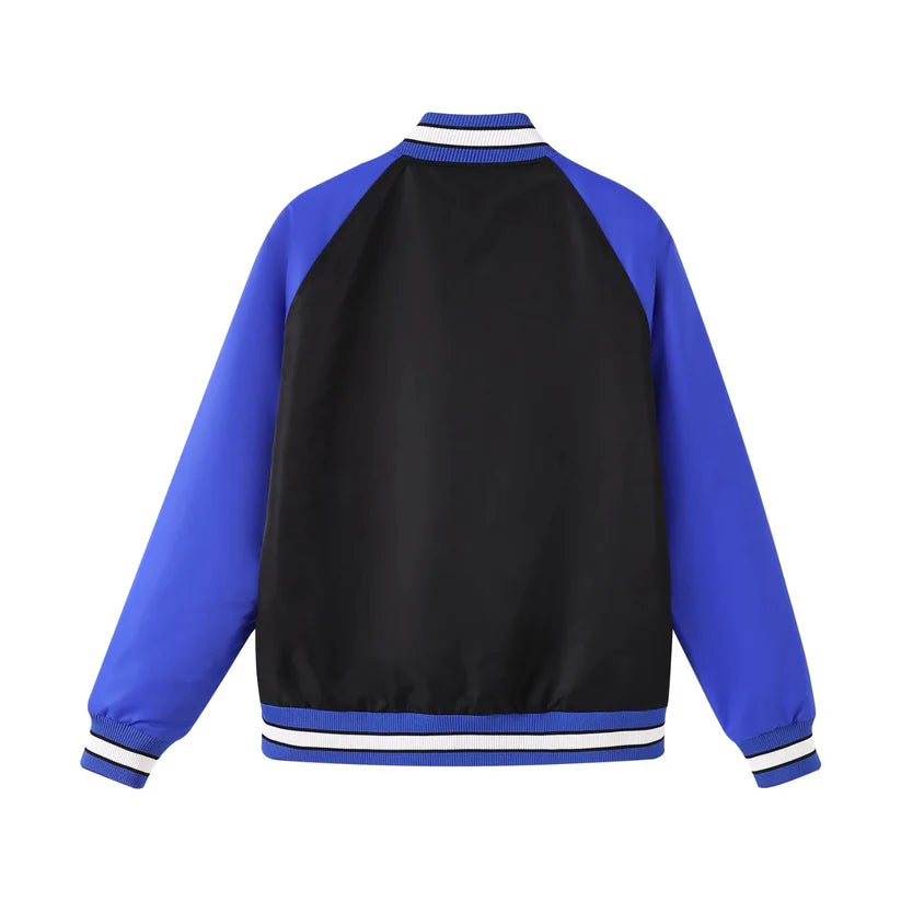 Black and blue jacket with white trim on a white background