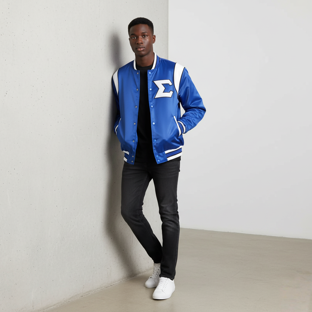The Phi Beta Sigma Bomber Jacket in the classic white and blue colorway. The image highlights the smooth, glossy finish of the premium satin material and the ribbed cuffs and collar of the classic bomber silhouette.