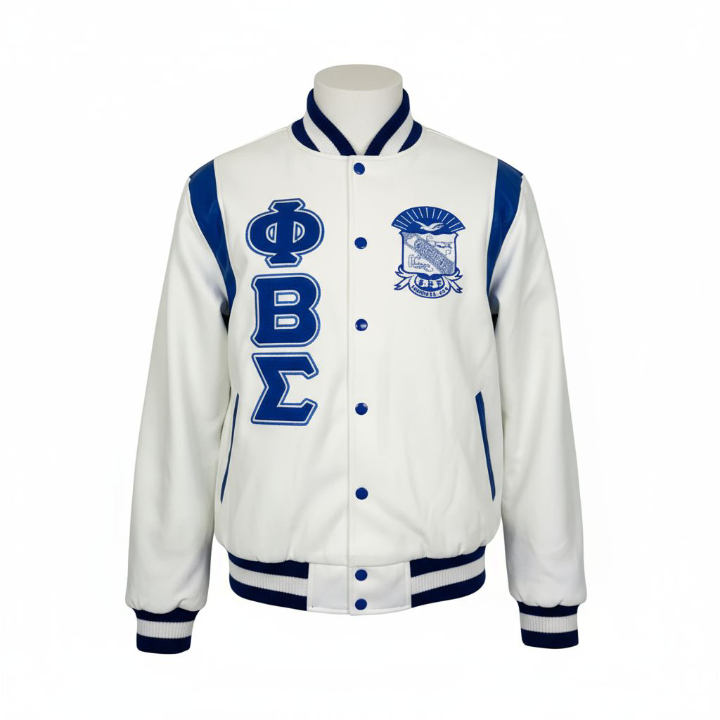White letterman jacket with blue accents andPhi Beta Sigma letters on a white background