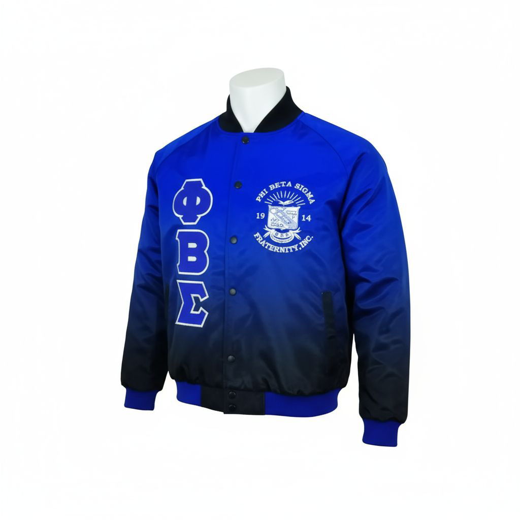 The Phi Beta Sigma Bomber Jacket featuring a unique royal blue fade to black satin finish. The image highlights the smooth sheen of the satin material, the royal blue and black knit ribbing, and the high-quality embroidered appliqué logos.