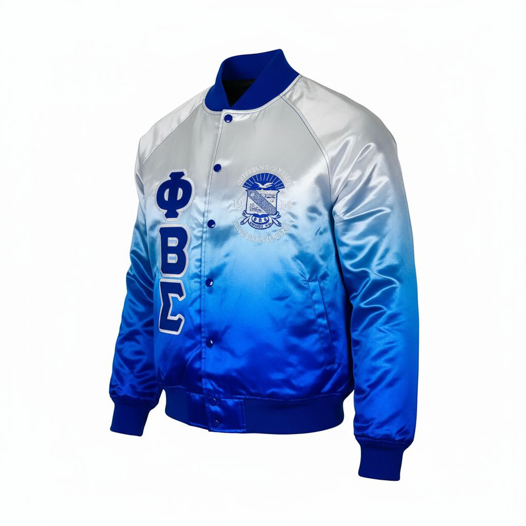 Blue and white satin jacket with Greek letters on a white background