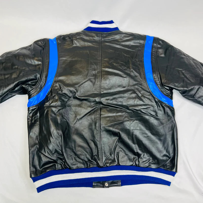 Black leather jacket with blue and white trim on a white background