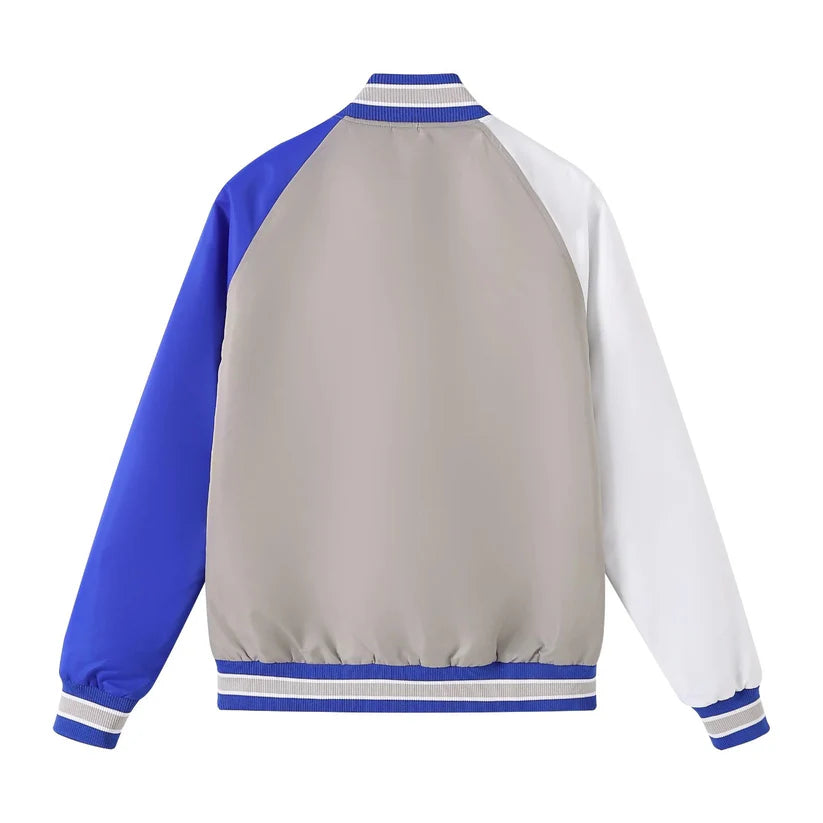 Back view of a varsity jacket with blue, gray, and white sleeves on a white background