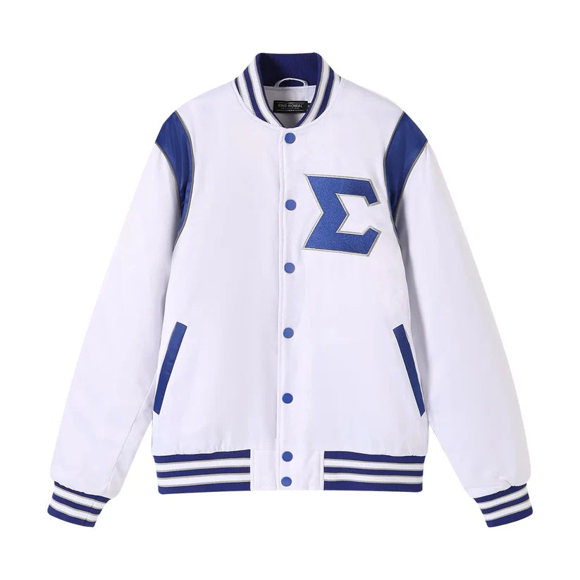 The Phi Beta Sigma Bomber Jacket in the signature white and blue colorway. The image emphasizes the smooth, glossy finish of the premium satin material and the classic bomber silhouette.