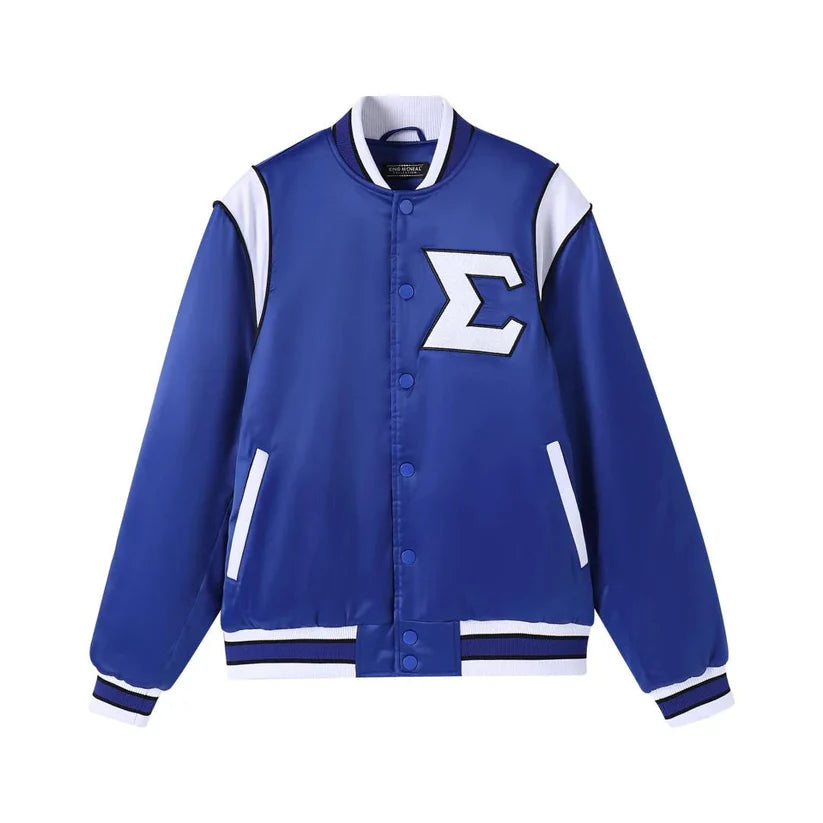 Blue varsity jacket with a white letter 'Σ' on a white background
