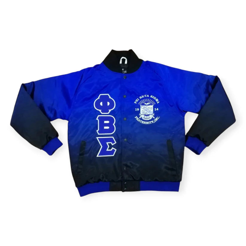 Blue and black jacket with white lettering on a white background