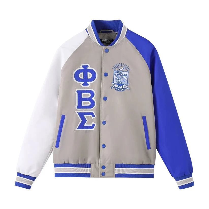 A close-up of the Grey Sigma Bomber Jacket, highlighting the smooth, durable nylon material and the high-quality embroidered appliqué logo on the chest.