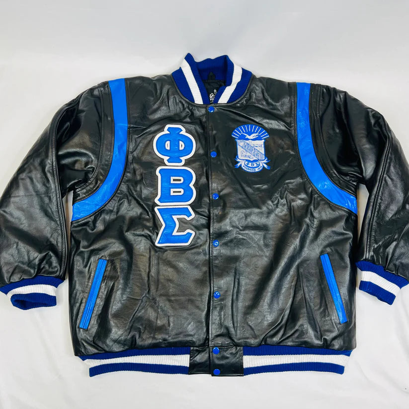 Black varsity jacket with blue accents and Greek letters on a white background