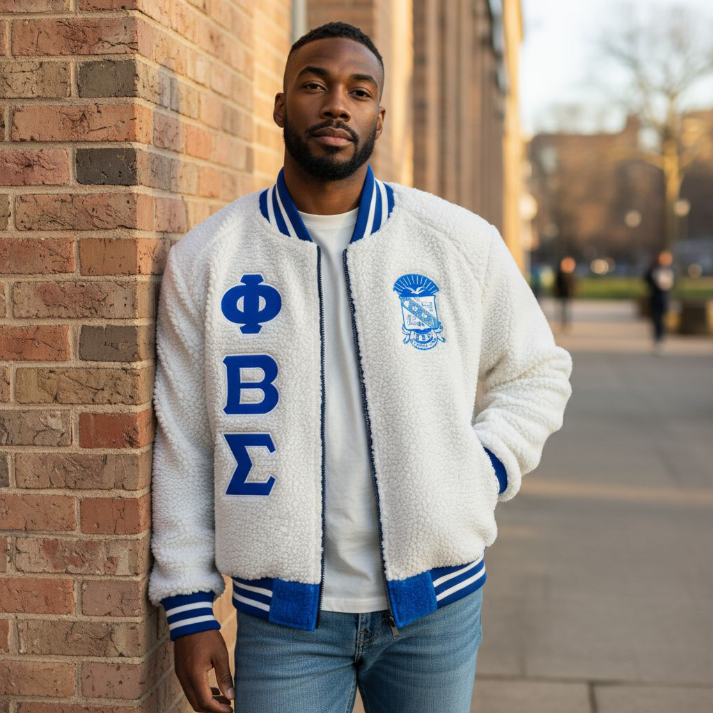 Sigma Sherpa Bomber Jacket, showing the creamy-white, textured sherpa material and the ribbed collar and cuffs of the classic bomber silhouette.