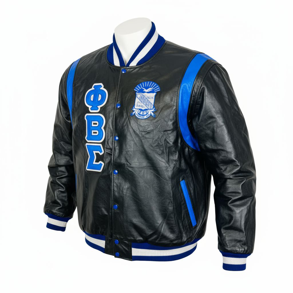 A close-up of the Sigma All Leather Letterman Jacket, highlighting the smooth, premium texture of the 100% leather body and sleeves. Shows the leather appliqué embroidered Sigma logo and the custom ribbed collar.