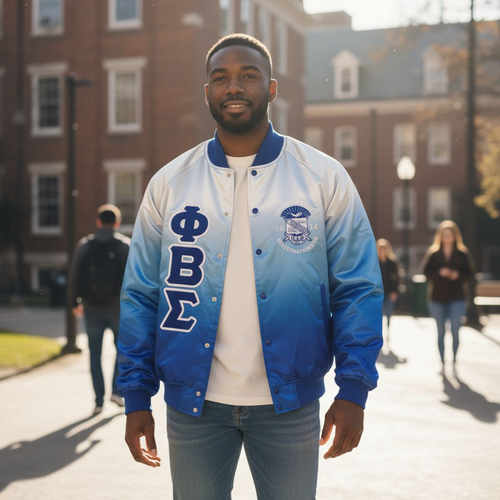 The Phi Beta Sigma Faded Bomber Jacket showcasing the smooth white fade to royal blue design on premium satin material. The image highlights the black quilted lining peeking out and the high-quality embroidered appliqué logos.