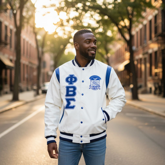 Full-length image of a person wearing the Sigma White Wool and Leather Letterman Jacket. The jacket features a classic varsity design with a soft white cashmere wool body and premium leather accents, designed for a comfortable, unisex fit.