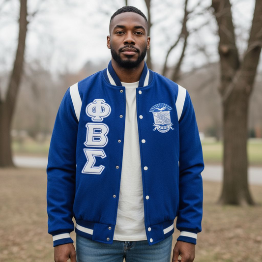 Full-length image of a person wearing the Sigma Wool and Leather Letterman Jacket. The jacket features a classic varsity design with a soft cashmere wool body and premium leather shoulder straps, designed for a comfortable, unisex fit.