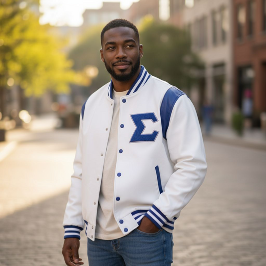 Full-length photo of a person wearing the White and Blue Phi Beta Sigma Bomber Jacket. The jacket is made from sleek, lightweight satin and features a modern bomber design with a luxurious sheen for bold representation.