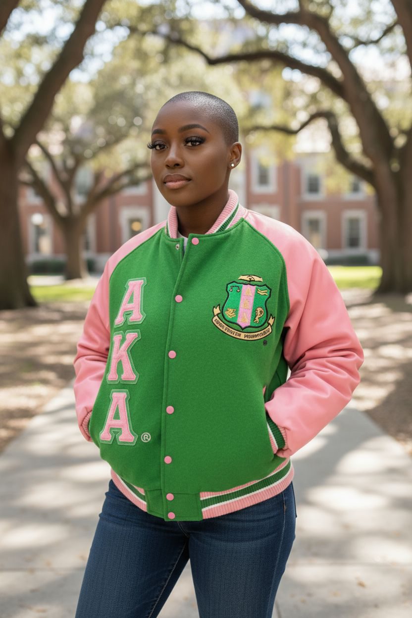 Person wearing a green and pink varsity jacket with 'AKA' letters on a college campus.