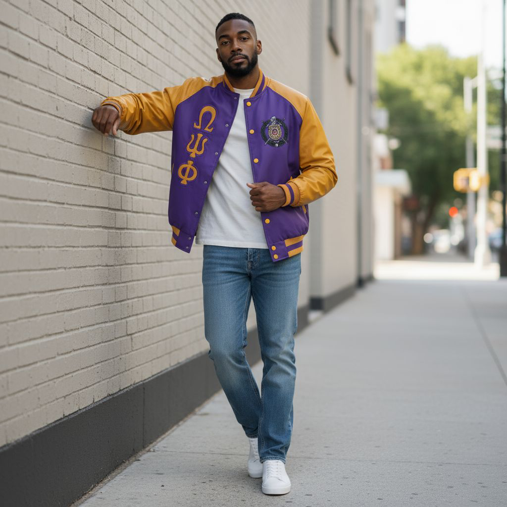 “Model wearing Omega Bomber Jacket with custom interior lining — stylish, comfortable, and versatile outerwear.”