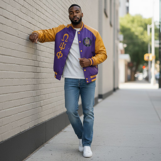 “Model wearing Omega Bomber Jacket with custom interior lining — stylish, comfortable, and versatile outerwear.”